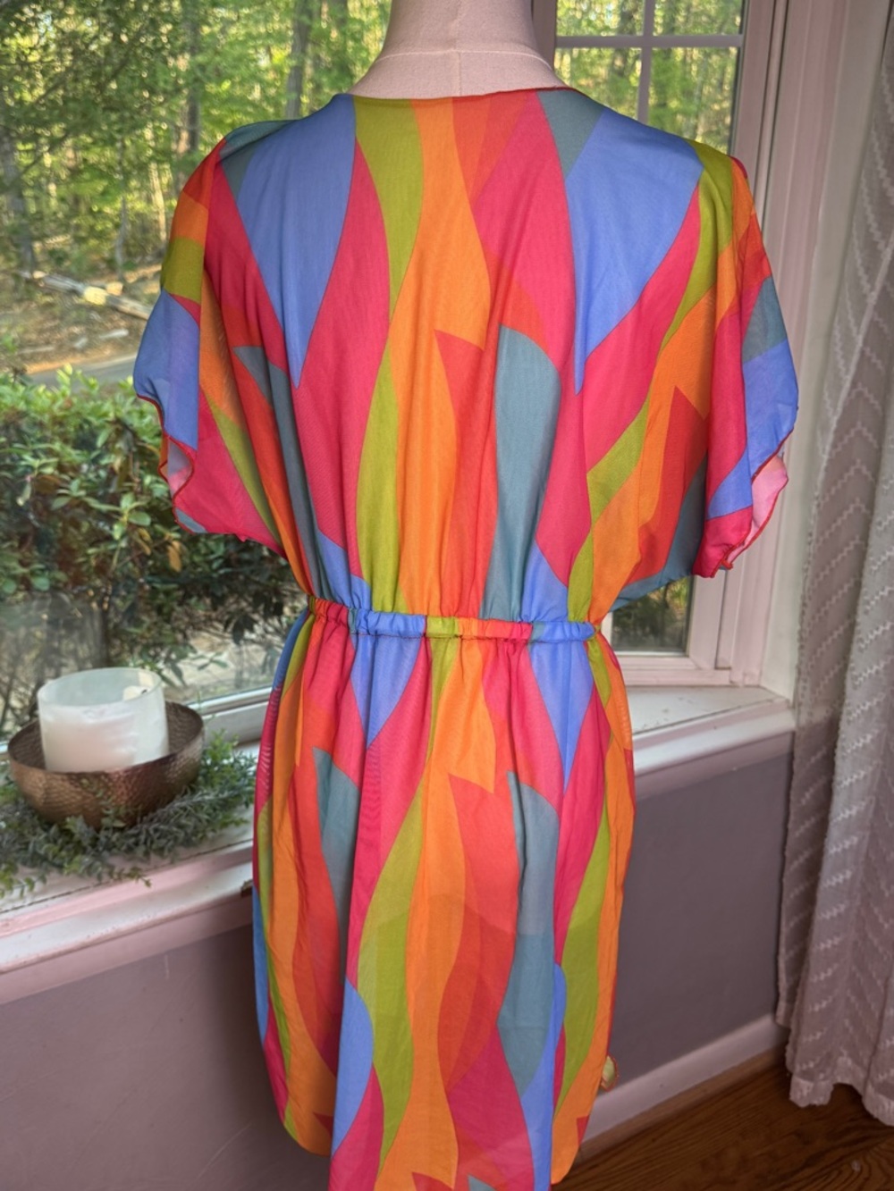 Bright Colorful Sheer Swim Cover Up Mini Dress V-Neck Elastic Waist - Picture 6 of 6